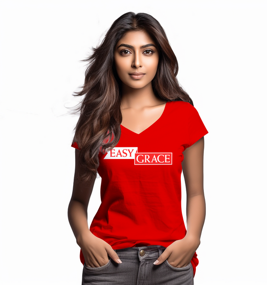 Easy Grace Women's Red Cotton V-Neck T-Shirt